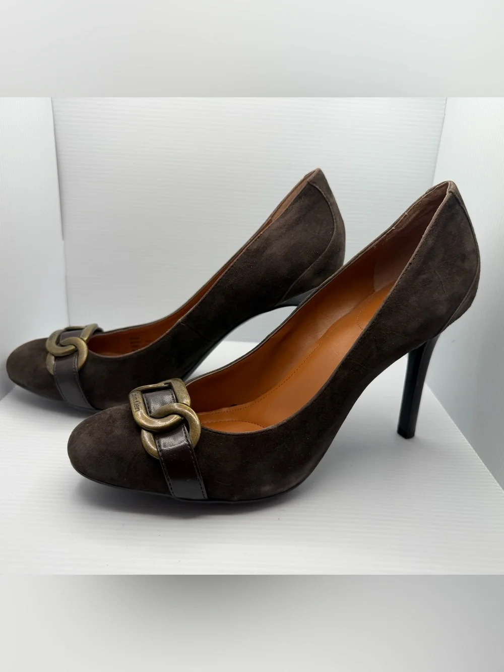 Calvin Klein Dark Brown Suede Pumps with Gold Chain Accent